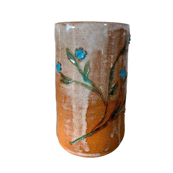 Vintage Schau Pottery Clay Glazed Floral Handmade 3D Vase Terracotta Blue 7”H - Picture 3 of 12